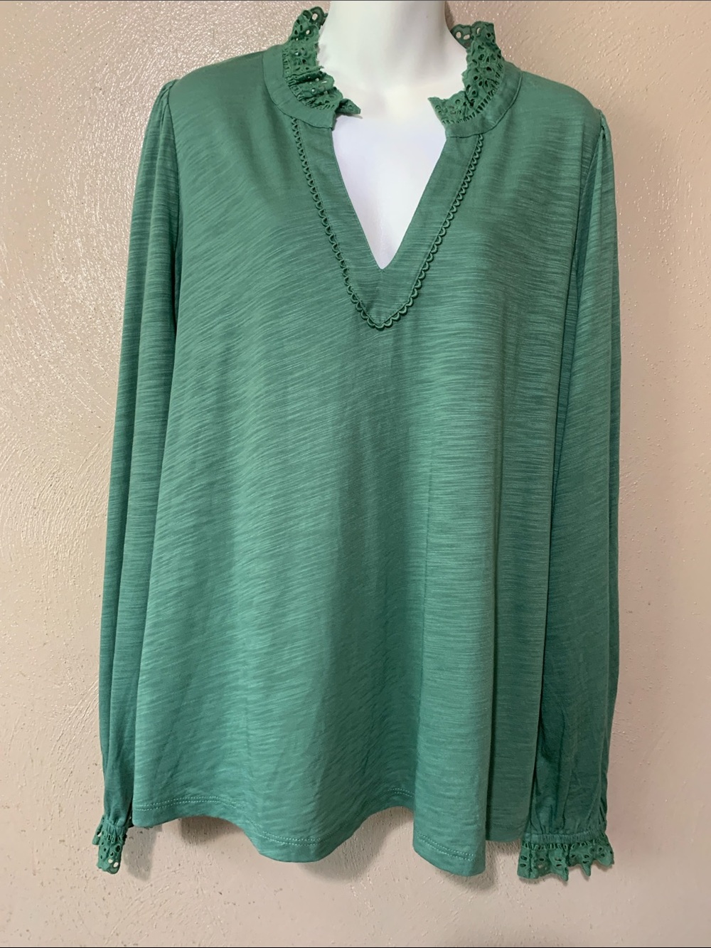 Boden 16/18 Green Long-Sleeve V-Neck Top with Lace Trim